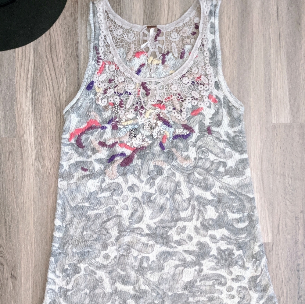 Free People Beaded Grey Sweater Knit Tank XS
